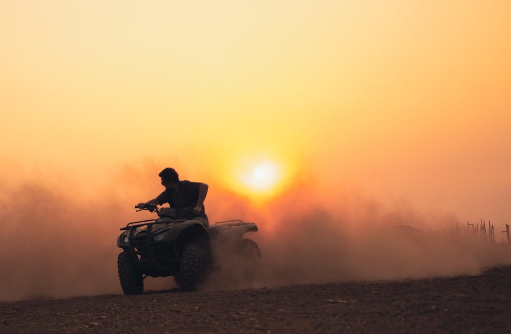 atv, drifting, dirt, fun, recreation, nature, outdoor, quad, four wheeler, dust, sunset