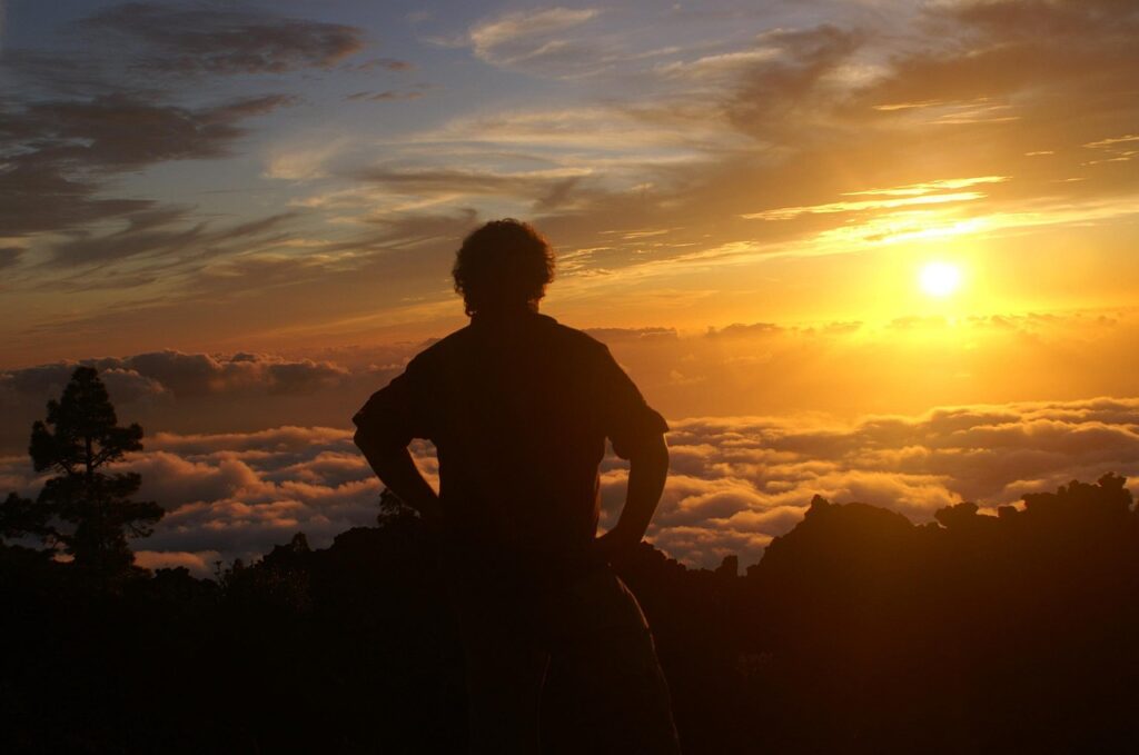 sunset, man, nature, observer, la palma, clouds